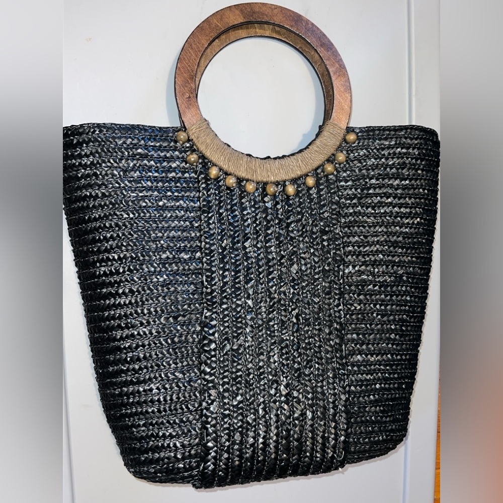 Black Woven Tote Bag with Wooden Handles - Picture 5 of 10
